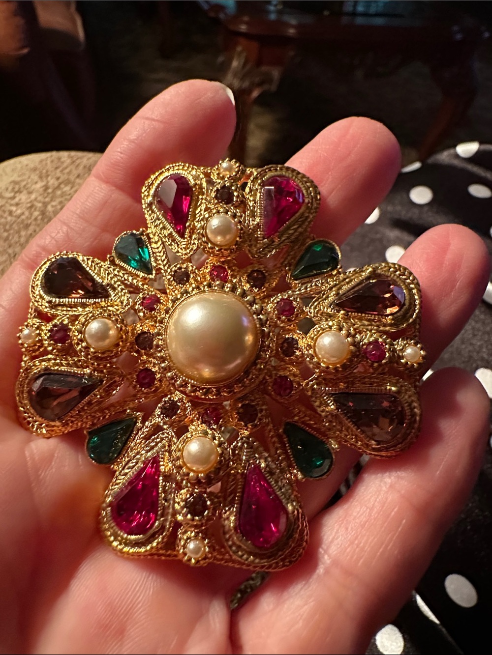Gold-Tone Faux Pearl and Multi-Gem Floral Statement Brooch